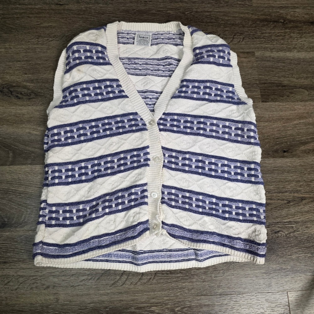 Harot Mens L Sweater Vest White Purple Striped Cotton Cable Knit Button Front